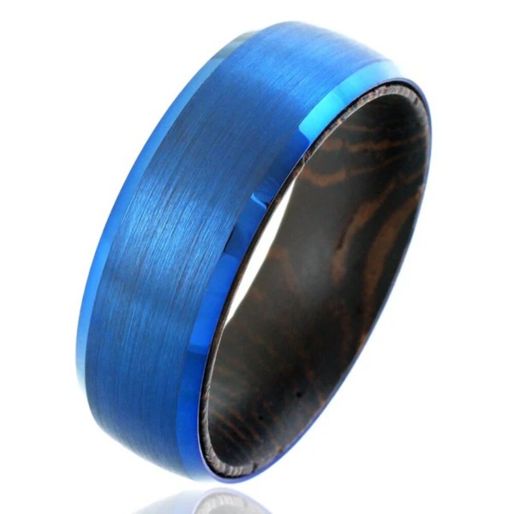 STUNNING BRUSHED SATIN FINISH ROYAL BLUE TUNGSTEN BAND WITH RARE WENGE WOOD